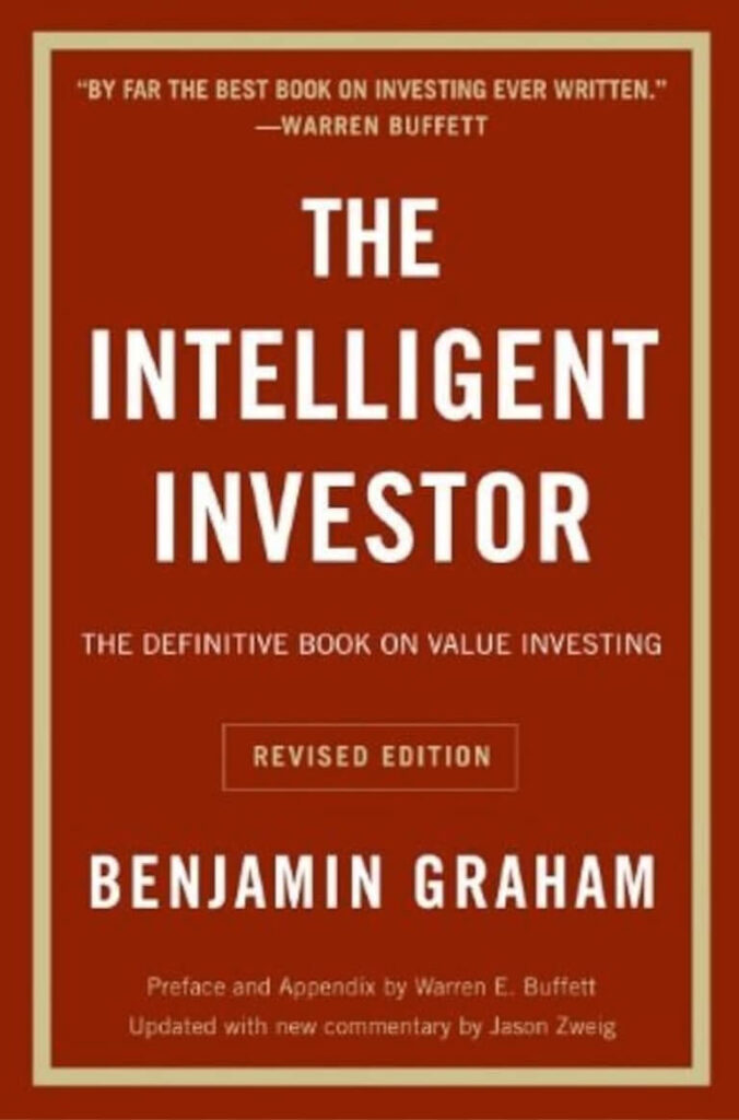 Book cover of The Intelligent Investor by Benjamin Graham focusing on value investing principles
